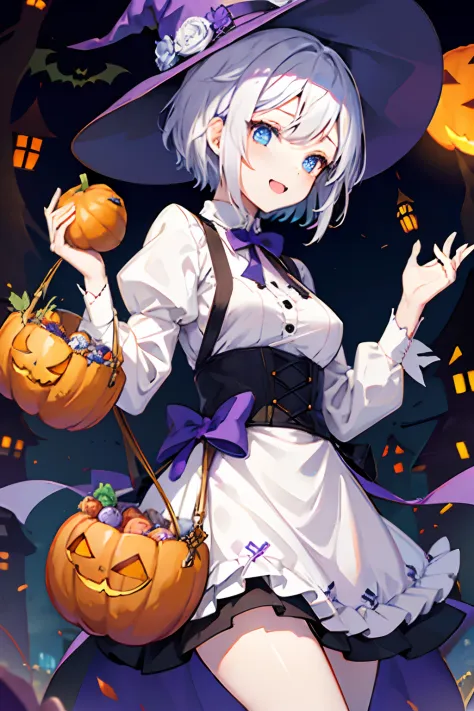 １girl with、white  hair、Shorthair、Halloween Building District、Halloween Cosplay、unclear、Blue eyes、Holding a pumpkin-shaped basket with sweets、dark purple witch hat