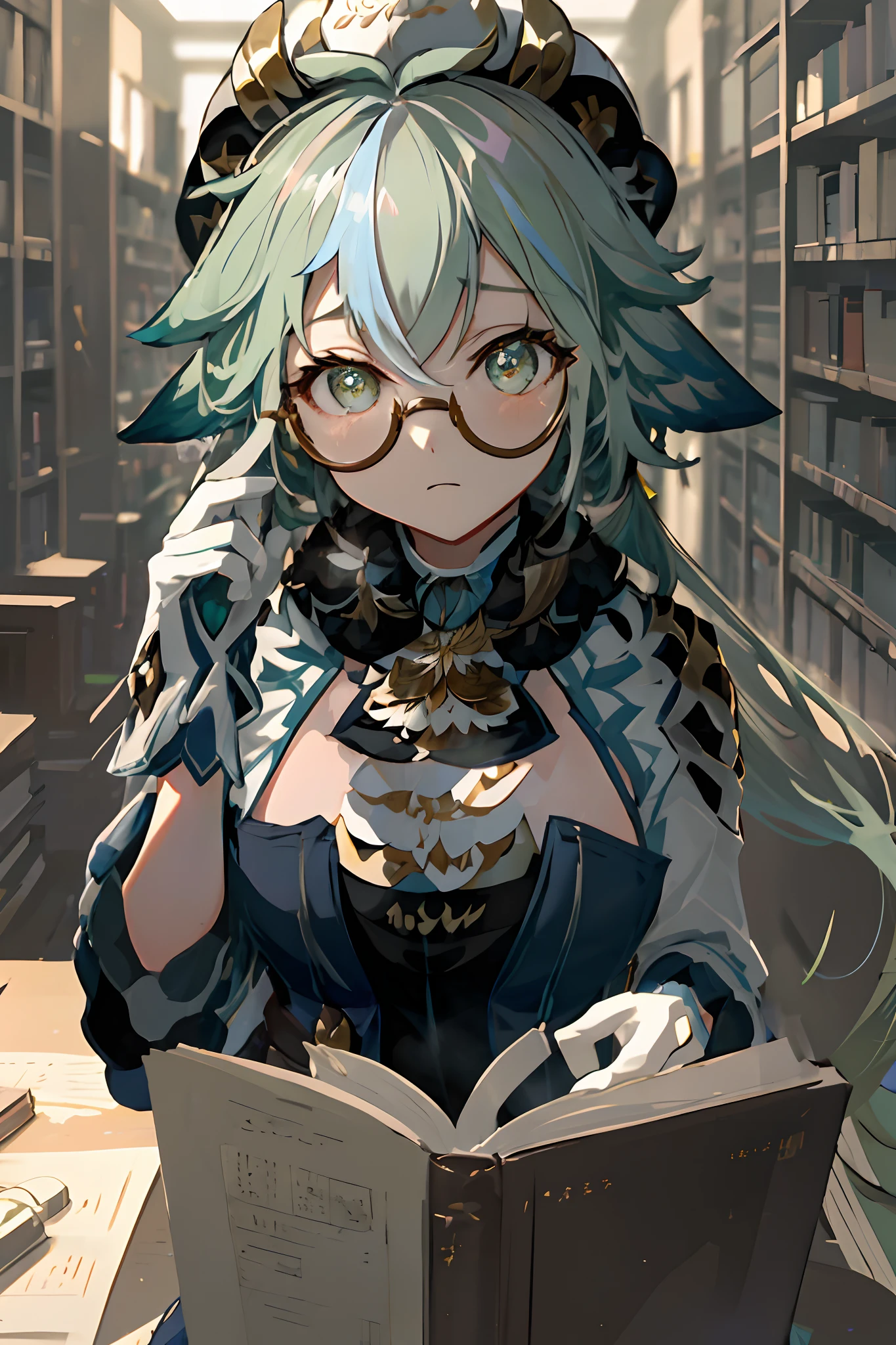 hight resolution, realistic portrait, Beautiful,Young,4k,(Energetic,Bright:1.1) Green eyes,Sharp-looking glasses, long green hair, Eccentric Attractive Fabric,Huge Library Background,Scientific Instruments,Books & Papers, scattered everywhere, Cosy lighting, bookshelves, filled with books