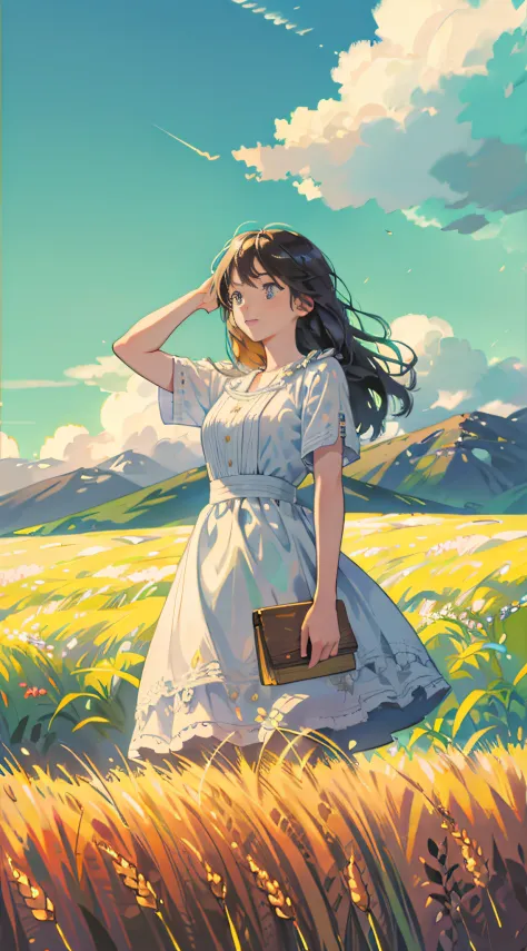 Fresh painting style，In the wheat field，A girl，Keep your hands out of the sun，Bright sky，The perspective of looking up，Anime characters，ultra - detailed，Highly realistic，tmasterpiece，8K，hyper HD，