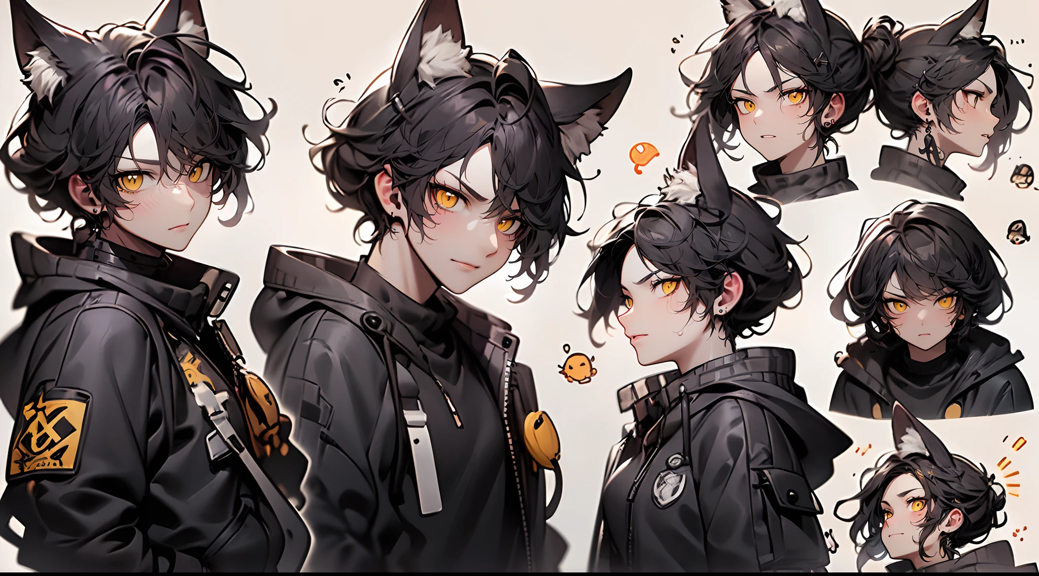 (4K works))、​masterpiece、(top-quality)、Korean Male、Adult male、((Adult 26 years old))、((Adult older brother))、((werewolf man))、((The Man with Wolf Ears))、((Face similar to Hyun Jin))、Cool Men、tall、((Glaring expression))、((Strong eyes))、((Black cool werewolf fashion))、((Long sleeve long trouser style))、((smaller face))、Slim body、((hooligan))、((Black short-haired))、((Yellow eyes))、((Shot alone))、((Solo Photography))、Professional Photos、((Emoticon pack))、((emoji pack))、((Werewolf costume))、((10 emojis))、((10 poses and facial expression emojis))