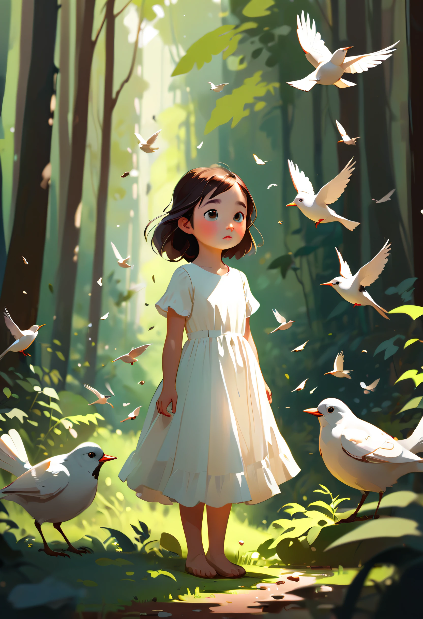 Children's Book,by Atey Ghailan,a young girl standing in a forest, surrounded by several bird. She is wearing a white dress and appears to be enjoying her time in nature. The bird are scattered around her