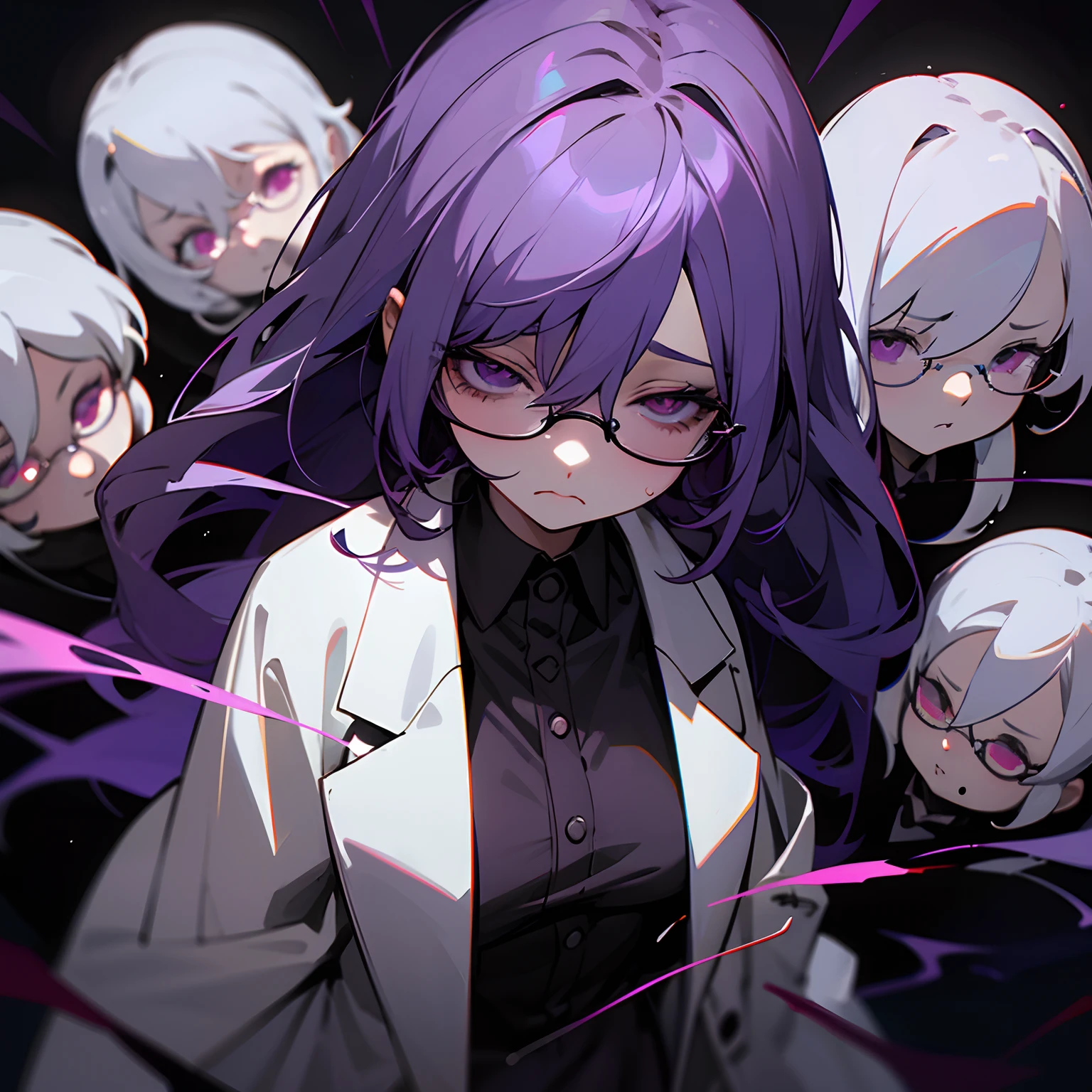 scientist woman, glasses covering eyes, bloody, grim, black background, striking lighting, blood, horror, cracked glasses, drab grey-purple hair, bust, white lab coat, opaque glasses, dolls in background