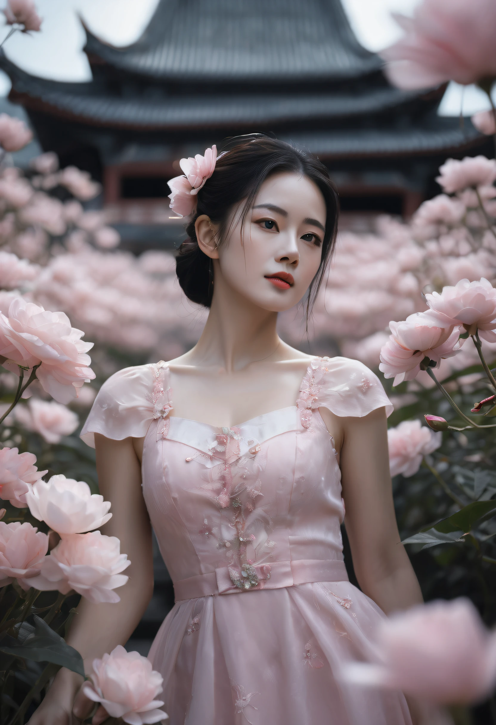 a beautiful woman in a pink dress is posing in front of flowers, in the style of samyang af 14mm f/2.8 rf, photorealistic eye, translucent resin waves, utopian vision, qing dynasty, dark white and light gray, eye-catching tags