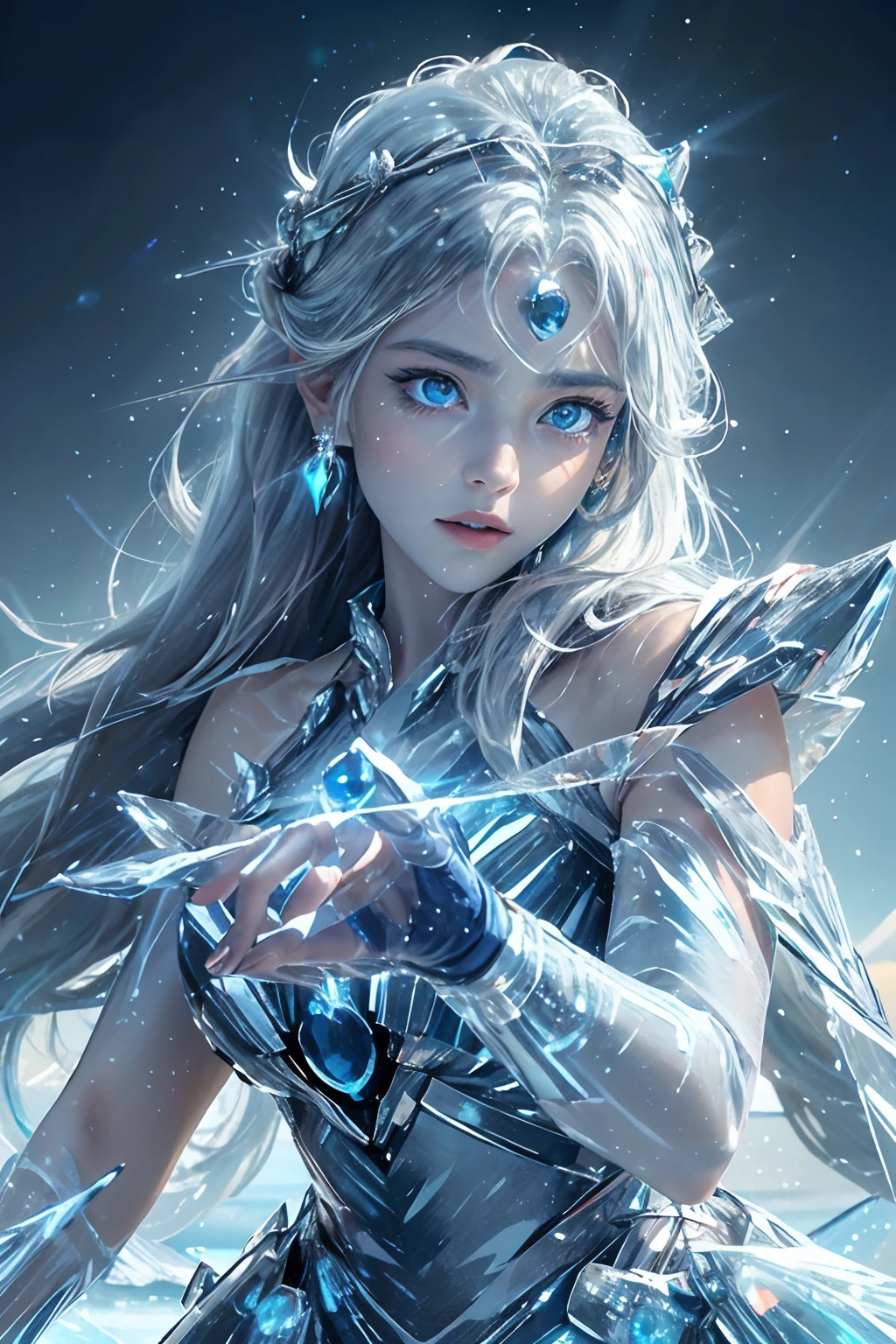 "(Masterpiece, Best Quality, Cinematic Lighting), (Extremely detailed CG Unity 16K wallpaper), Solo, 1 person, ethereal Ice Goddess, (finely detailed true circle Symmetrical eyes), (Eyes that glow icy blue in the dark:1.8), (A pair of deep blue eyes with strong sapphire light emitting from within:1.7), bioluminescence. Her eyes are the focal point, telling tales of ancient frosts and frozen realms. Chiseled features, a delicate face surrounded by frosty, shimmering white hair. In her right hand, she wields an intricate ice scepter, while her left hand conjures a powerful spell, freezing everything in its path.

She stands majestically on an endless ice plain stretching to the horizon, bathed in the warm golden glow of a setting sun. The vast expanse of ice reflects the radiant sun, casting brilliant light patterns across the landscape. A soft breeze, carrying whispers of old legends, gently rustles her flowing robes and hair, creating an ambiance of tranquil beauty."