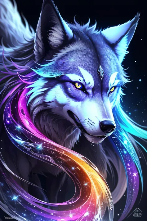 The wolf Spirit Made of Crystal, very realistic and detailed. The texture of its scales is beautiful. It's very colorful and flashy. A swirl of color that is beautiful, detailed as powder. Avec la galaxie