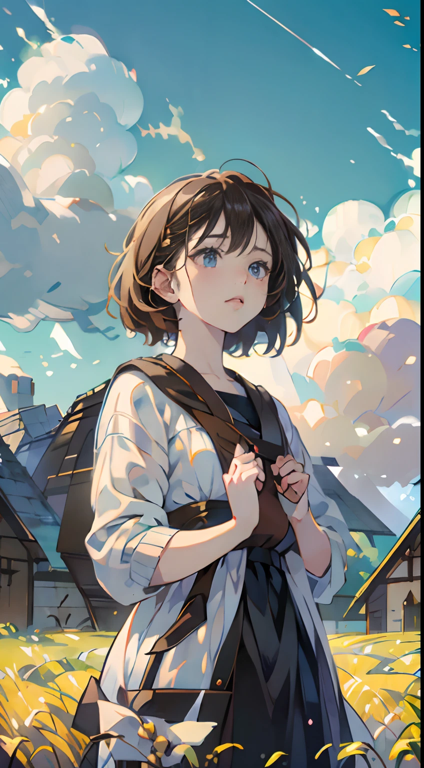 Fresh painting style，In the wheat field，girl with，Keep hands away from sunlight，Bright sky，Looking up，Anime characters，ultra - detailed，Highly realistic，tmasterpiece，8K，hyper HD，