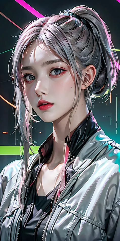 lucy \(cyberpunk\), 1girl,  hair scrunchie, hime cut, silver hair, colored tips, full moon, grey eyes, jacket, long sleeves, loo...