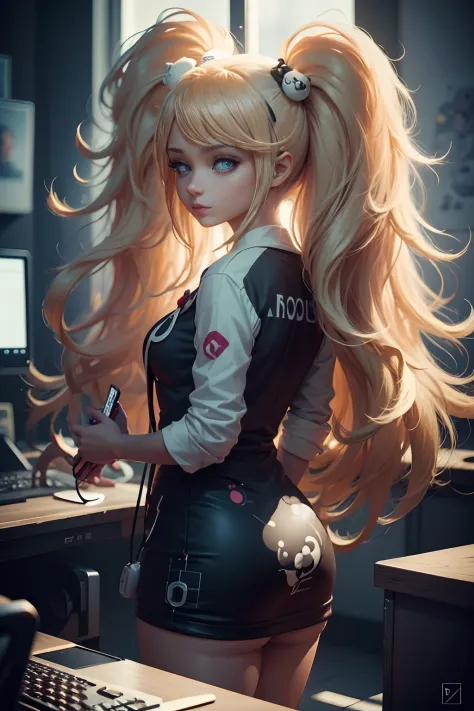 Chica de anime blonde sentada frente a un escritorio de computadora con un controlador de juego, gamer aesthetic, Sala de juegos...