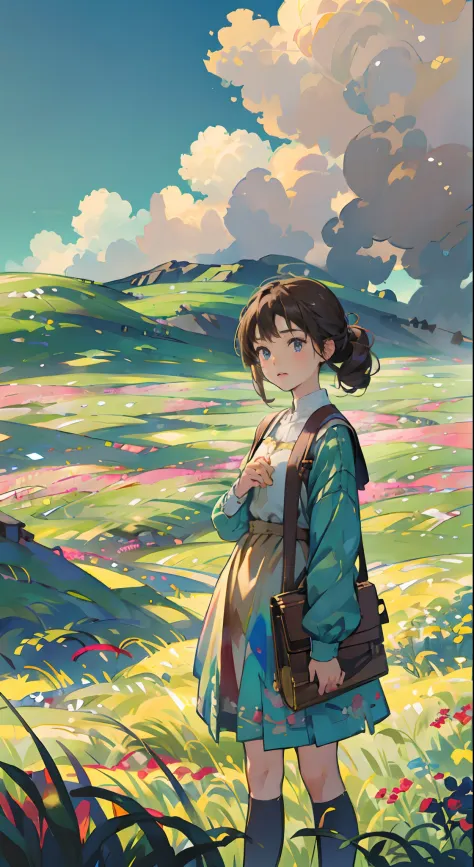 Fresh painting style，In the wheat field，girl with，Keep hands away from sunlight，Bright sky，Looking Up，Anime characters，ultra - detailed，Highly realistic，tmasterpiece，8K，hyper HD，