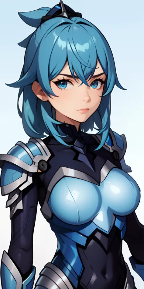 Girl, blue armored suit, blue hair