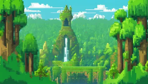 a beautiful landscape pixel art, Green forest below, Tower in the center