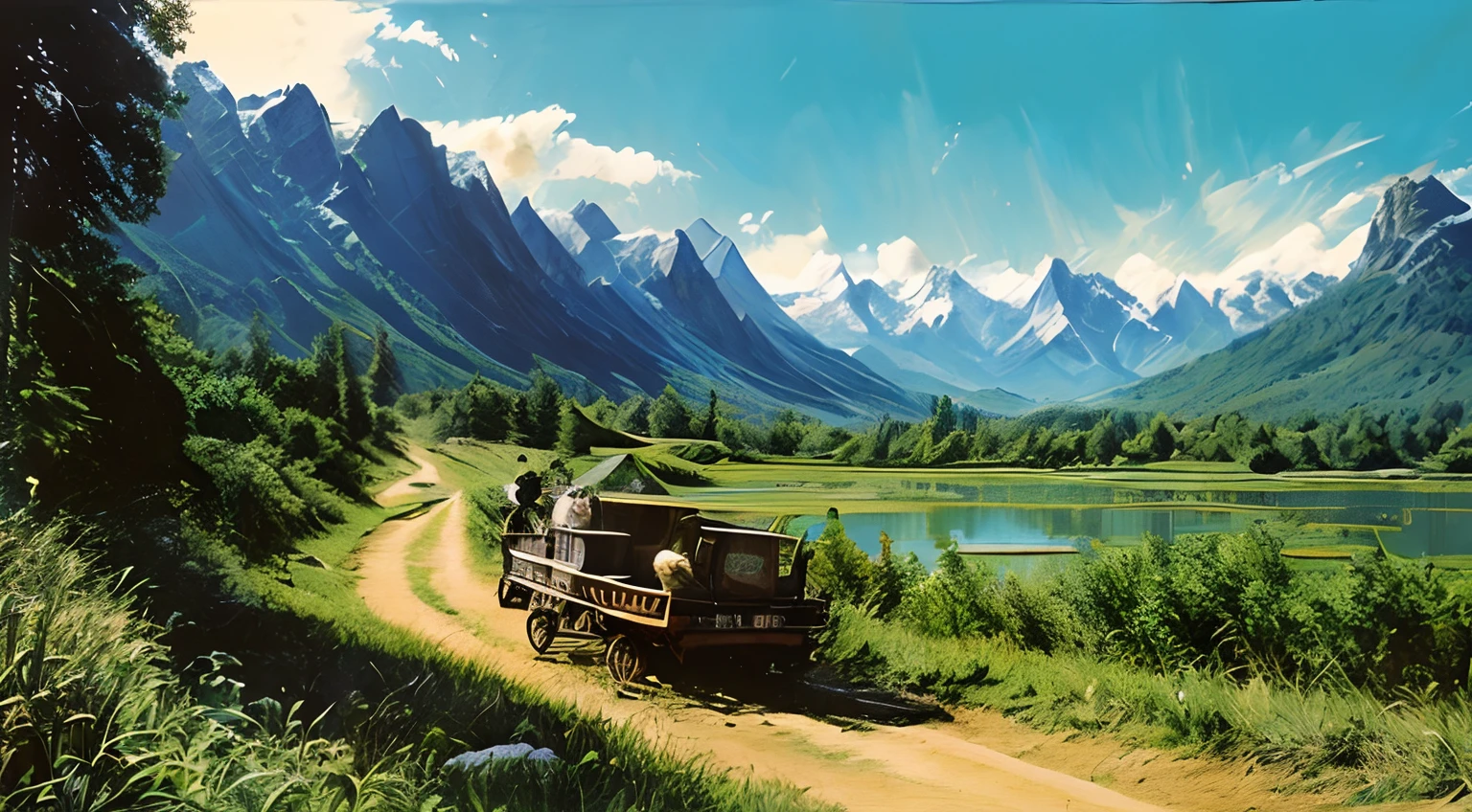 三元調色板, 瘋狂的, 20 世紀 80 年代的海報, 神話巨狼拉的馬車, 美麗的山風景, 稻田, 以及背景中晴朗的天空.