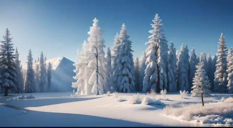in the light of a clear sky, A breathtaking winter landscape captured with cinematic IMAX quality:1.3. The scene is adorned with the delicate beauty of rime ice, as if nature itself has painted the world in a glistening layer of frost. Trees, branches, and...