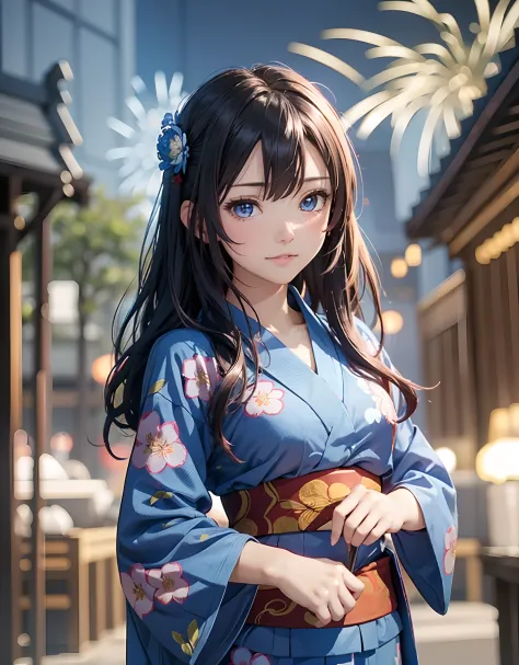 ((masutepiece, of the highest quality, super definition, High Definition)), Solo, Beautiful Girl, Shining eyes, Perfect eyes, 16 years old, Blue theme, Yukata, Fireworks