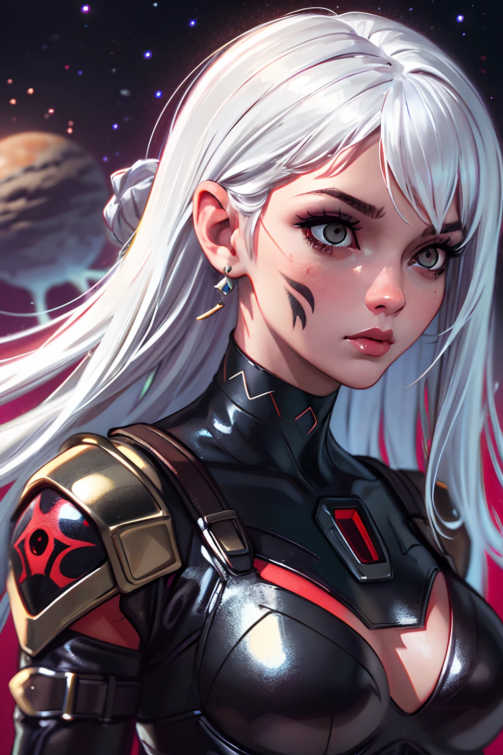 high res, intricate background, galaxy background, nebula, comet, planets, cat woman, 25 years old, white hair, top half shot, black body armor, white cloth covering breasts, black and red tattoos on face and left shoulder, red glint in eye, long black jewelry from left ear, black choker