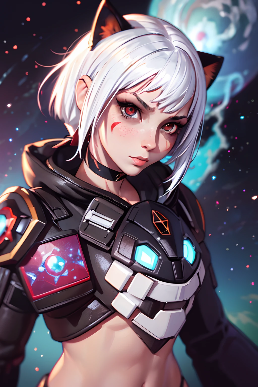 high res, intricate background, galaxy background, nebula, comet, planets, cat woman, 25 years old, white hair, top half shot, black body armor, white cloth covering breasts, black and red tattoos on face and left shoulder, red glint in eye, long black jewelry from left ear, black choker