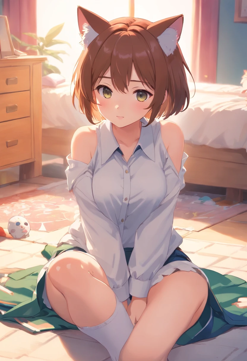 a cute ，Long whit hair，Leaky shoulders，Barefoot，Look up at your head，Lie on the ground，raise her legs，white  panties，largeeyes，Cute faces in anime，Lori，long white socks，Lift the skirt，Colossal ，Close up portrait of doll kneeling on blanket，White long sleeve shirt，Length from shirt to thigh，Bare shoulders，Cat ears，Shy Expressions，Hands are hanging over your side，Open white shirt，Shoulders exposed