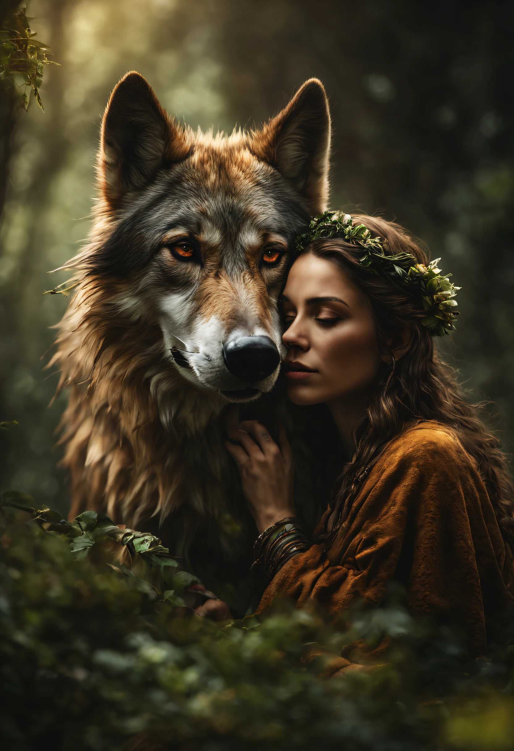 (Beautiful Druid Girl:1.3) Hugging the Wolf  (extremely detailed CG unity 8k wallpaper,Masterpiece, Best Quality, Ultra-detailed, beautiful detail eyes:1.2),better lighting, (better shadow, extreamly delicate and beautiful, bloom), Masterpiece, Best Quality:1.1, Realistic:1.3, Cinematic lighting:1.2, In a dark cave:1.5, ultra photorealistic, Photorealistic:1.0, sharp-focus:1.1, Depth of field:1.1, 50mm, Nathan Wirth's style, Hasselblad X1D II, Porta 160 pointy ears, elf