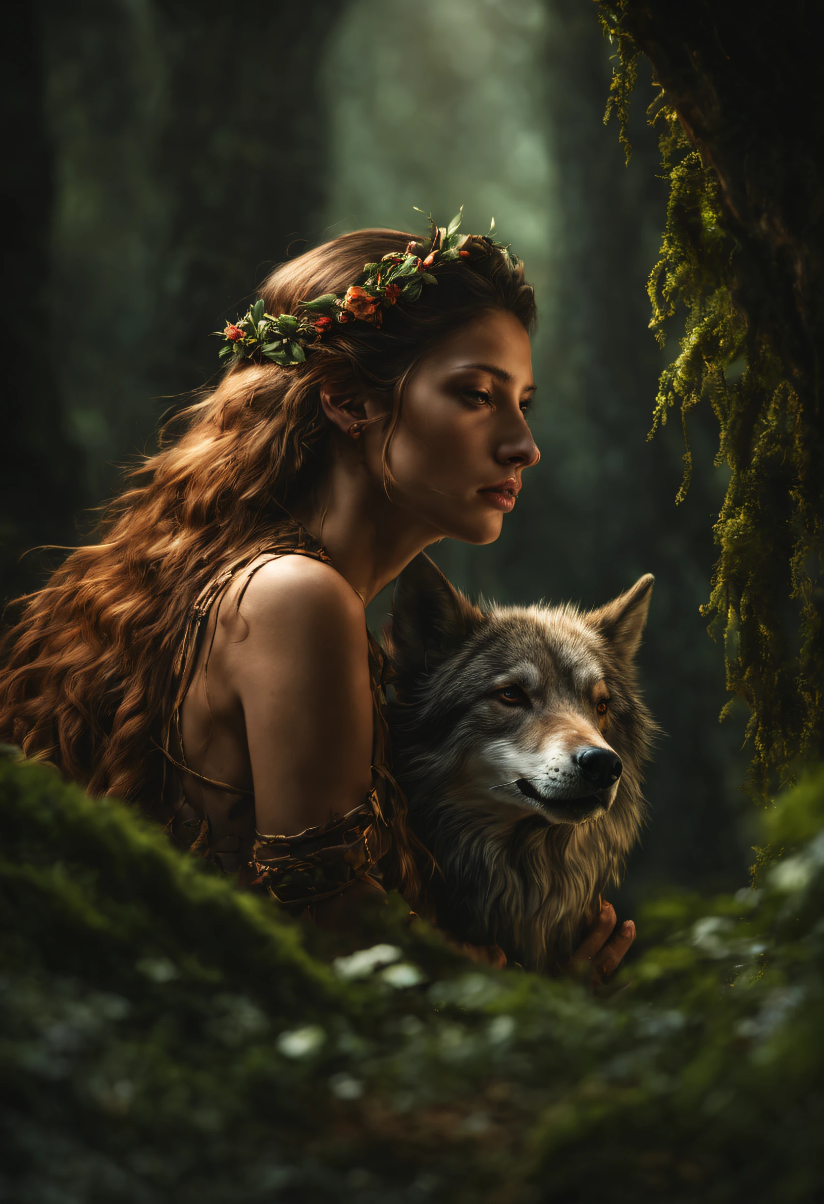 (Beautiful Druid Girl:1.3) Hugging the Wolf  (extremely detailed CG unity 8k wallpaper,Masterpiece, Best Quality, Ultra-detailed, beautiful detail eyes:1.2),better lighting, (better shadow, extreamly delicate and beautiful, bloom), Masterpiece, Best Quality:1.1, Realistic:1.3, Cinematic lighting:1.2, In a dark cave:1.5, ultra photorealistic, Photorealistic:1.0, sharp-focus:1.1, Depth of field:1.1, 50mm, Nathan Wirth's style, Hasselblad X1D II, Porta 160 pointy ears, elf