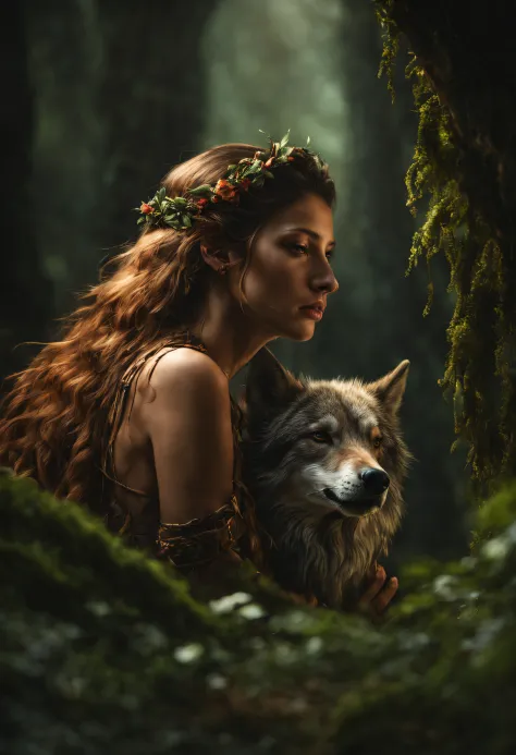 (Beautiful Druid Girl:1.3) Hugging the Wolf  (extremely detailed CG unity 8k wallpaper,Masterpiece, Best Quality, Ultra-detailed, beautiful detail eyes:1.2),better lighting, (better shadow, extreamly delicate and beautiful, bloom), Masterpiece, Best Qualit...