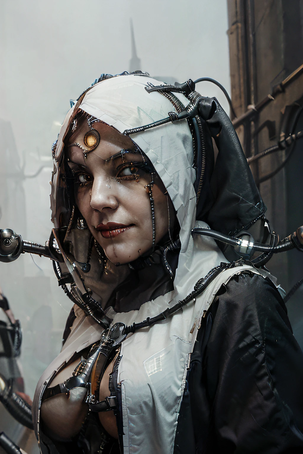 face_portrait, crude, mechanical, adult_female, white, evil, sinister, evil_smile, mechanical_eyes, nun_outfit, white_colored_nun_outfit, wires_through_face, wires_in_head, wires_across_head, stitches_across_face