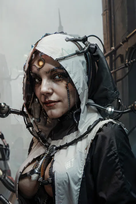 face_portrait, crude, mechanical, adult_female, white, evil, sinister, evil_smile, mechanical_eyes, nun_outfit, white_colored_nu...