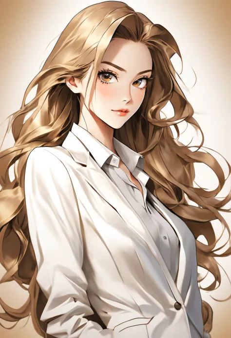 Anime girl in a white suit, Front-facing portrait, Long hair, Professional woman, V-neck shirt set, Fine-stroke style, cartoon r...