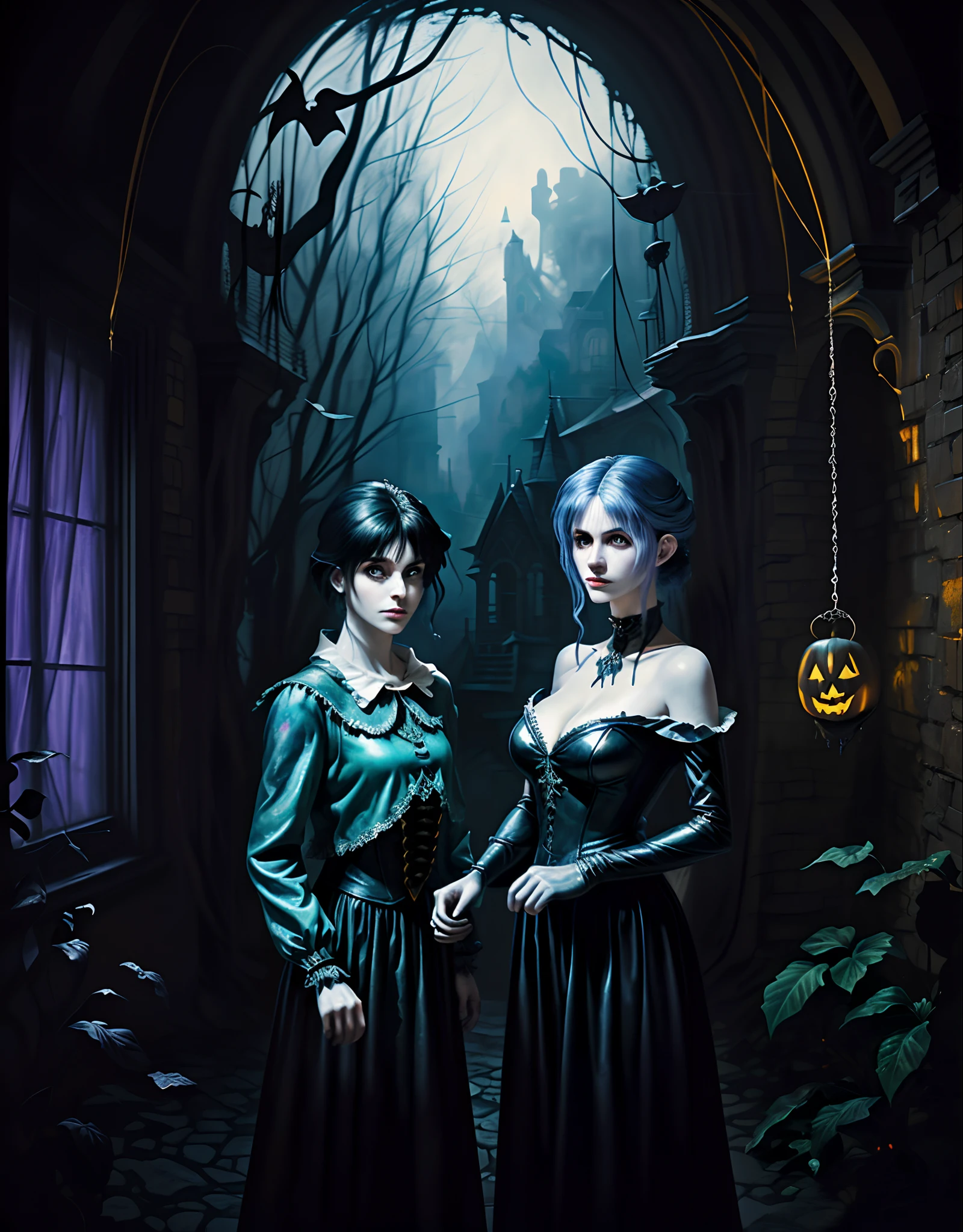 （The girl carries a bat on her left shoulder，He carries a large pumpkin on his right shoulder），Movie poster for Halloween girls, Cartoon, Cute, Fox, Background: Bat Castle, Blue-purple, Yellow light, the bats,,Photography,Clear facial features,concept art of character,Game scene graph,Aubrey Beardsley（Aubrey Beardsley）a beautiful painting,Franz Klein,Pixar style,Vinyl figures,Caricature,illustration,Masterpiece,Cave art,Matte painting,wet paint,magic realism,Blame the core,Fever-Dream,Cartoon,anime big breast,Manga,kawaii,Horror anime,Image courtesy of Mario Bawa（Mario Bava）of works,mystical ambiance,Refined atmosphere,Intense atmosphere, Festive atmosphere, Gothic Atmosphere, illusory engine,Quixel Megascans Render,v-ray,UE5,Depth of field (degrees of freedom),full bodyesbian,Medium Shot Shot,Mood lighting, --Original style --Glass