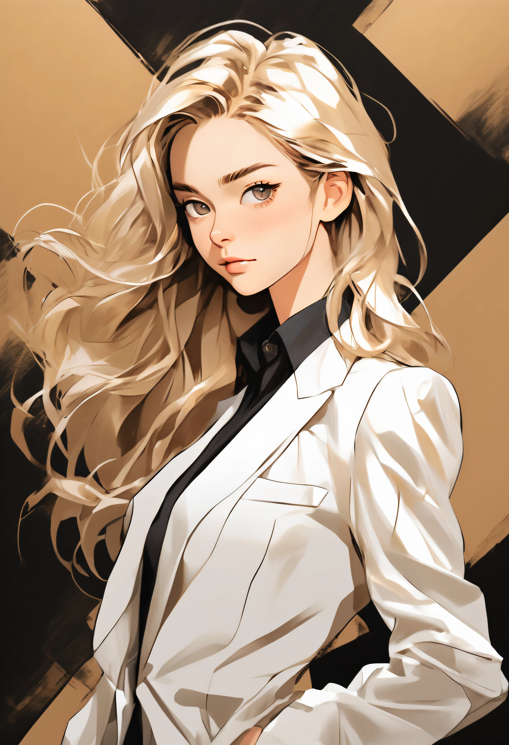 흰색 양복을 입은 애니메이션 소녀, 정면 초상화, 긴 머리, 전문 여성, V넥 셔츠 세트, 미세한 브러시 획 스타일, 만화 리얼리즘, 라이트 브론즈와 라이트 블랙 스타일로, 사무실 배경, 다채로운 만화 스타일