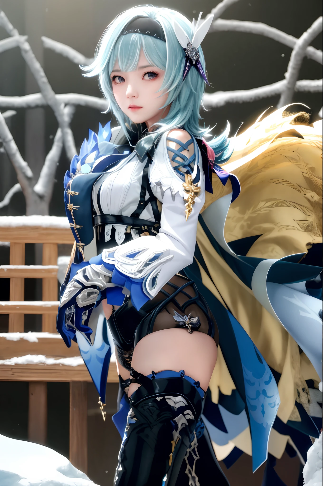 masutepiece, Best Quality, 8K分辨率、Raw photo、1girl in,eula \(GenshinImpact\),shairband,Blue hair,multicolored eyes,neck tie,Cape,eyesight \(GenshinImpact\),Leotard,Long sleeves,gloves,side locks,  black thighhighs, Dark iceberg in the background、snow blowing、Snowflakes dancing in the background、