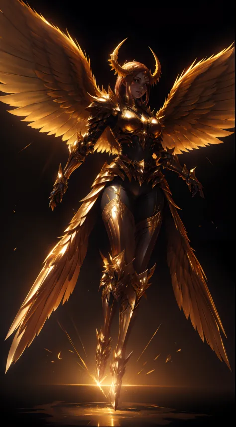 Golden armored demoness, wings made of energy, metal horns, gold, fantasy, concept art, ultra realistic, character art by greg rutkowski