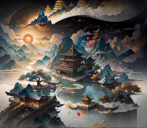 There is a painting of a mountain，There is a pagoda and a lake, 4k highly detailed digital art, G Liulian art style, 8K high quality detailed art, 4K detailed digital art, cyberpunk chinese ancient castle, A beautiful artwork illustration, dreamy Chinese t...
