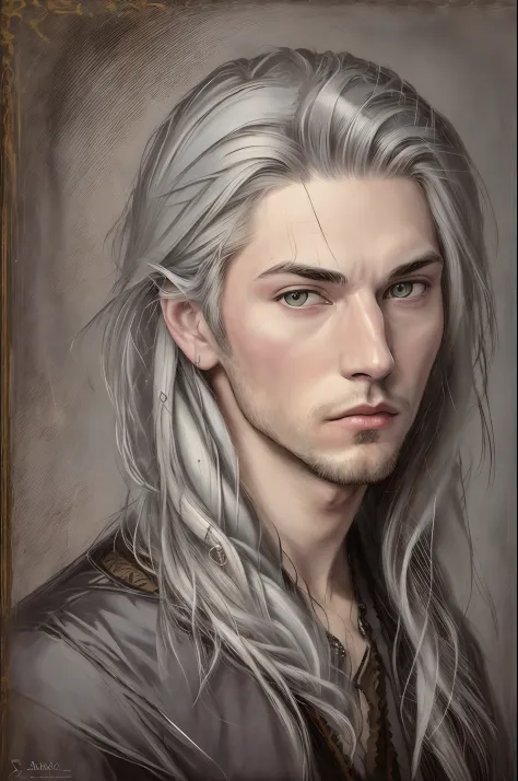 A vampire male portrait painting, baroque style, he has medium long grey hair, a pale face, no beard, masculin face and a frozen...
