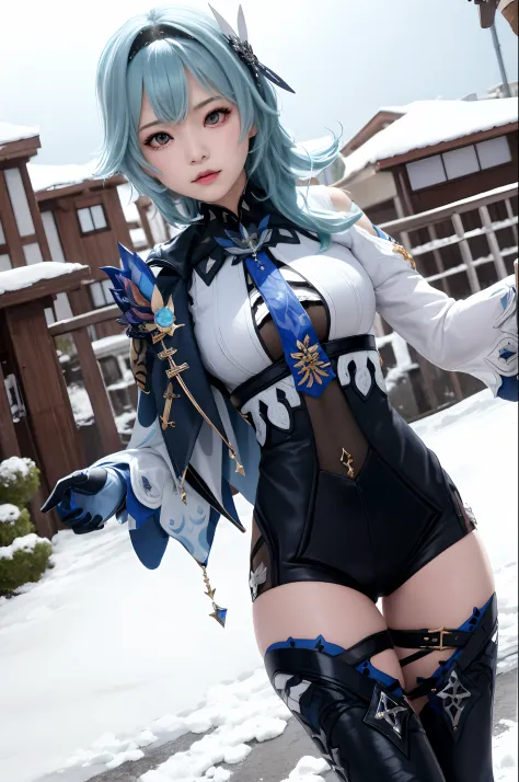 masutepiece, Best Quality, 8K分辨率、Raw photo、1girl in,eula \(GenshinImpact\),shairband,Blue hair,multicolored eyes,neck tie,Cape,e...