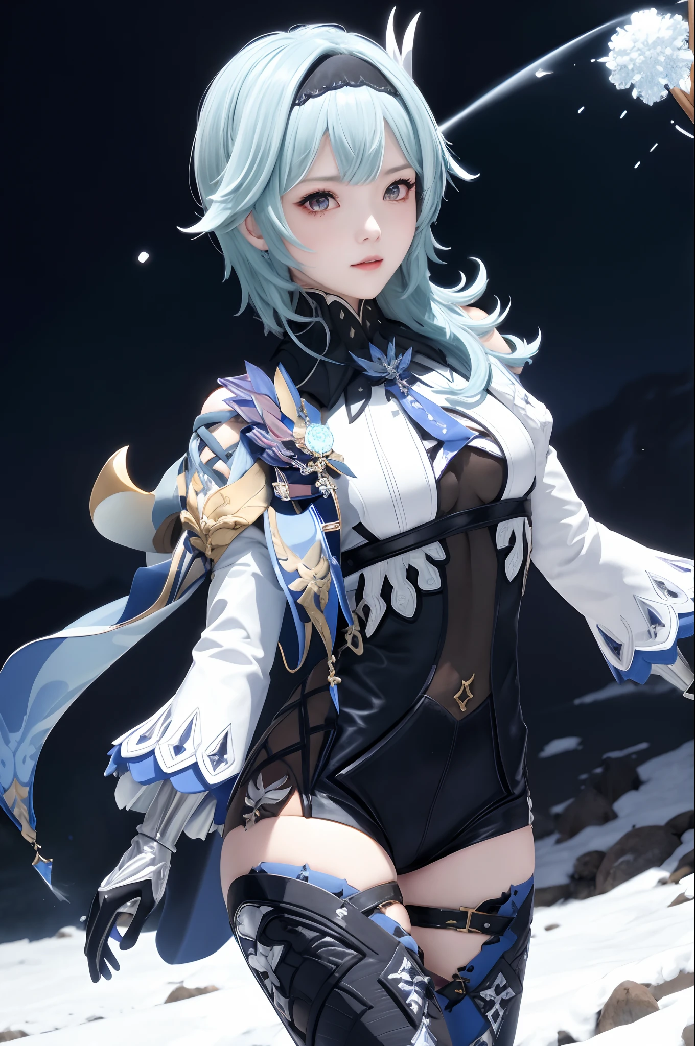 masutepiece, Best Quality, 8K分辨率、Raw photo、1girl in,eula \(GenshinImpact\),shairband,Blue hair,multicolored eyes,neck tie,Cape,eyesight \(GenshinImpact\),Leotard,Long sleeves,gloves,side locks,  black thighhighs, Dark iceberg in the background、snow blowing、Snowflakes dancing in the background、