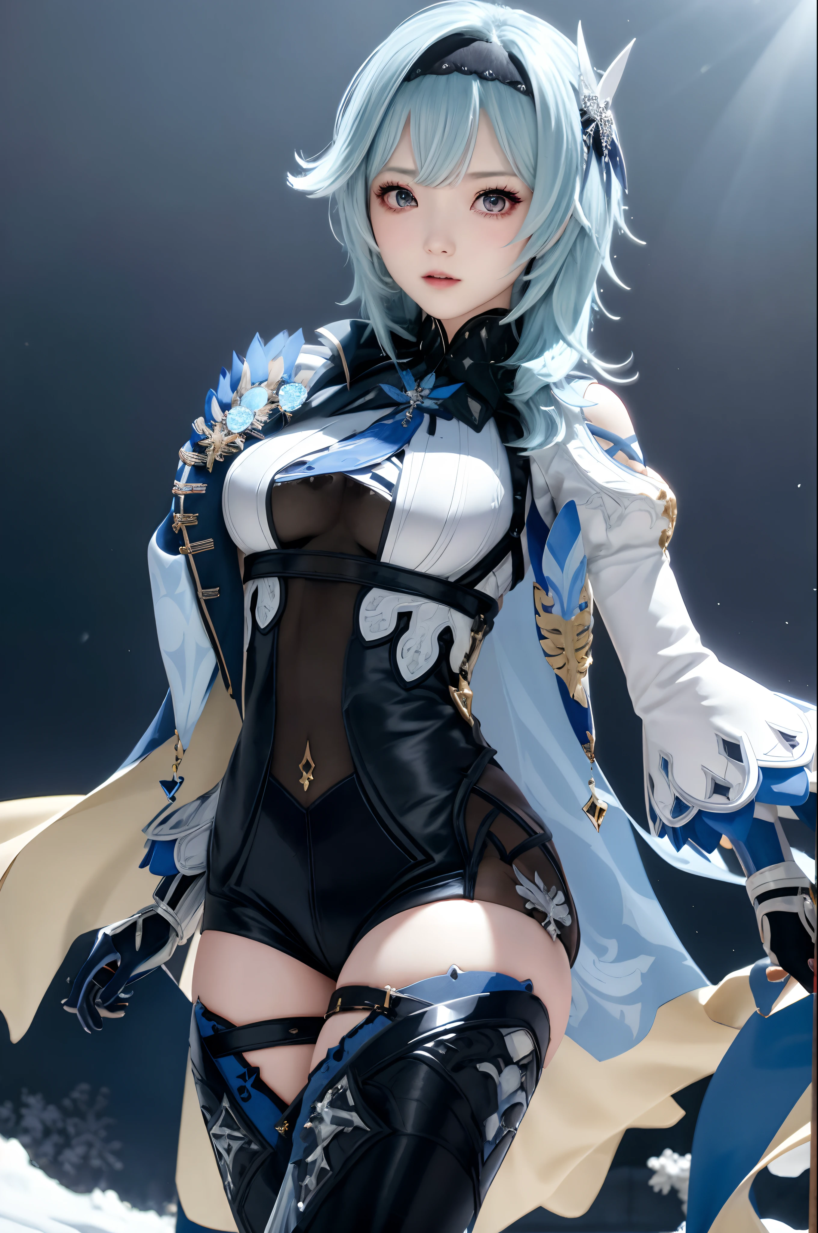 masutepiece, Best Quality, 8K分辨率、Raw photo、1girl in,eula \(GenshinImpact\),shairband,Blue hair,multicolored eyes,neck tie,Cape,eyesight \(GenshinImpact\),Leotard,Long sleeves,gloves,side locks,  black thighhighs, Dark iceberg in the background、snow blowing、Snowflakes dancing in the background、