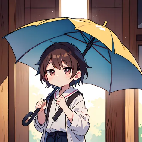 There is a young boy holding a closed umbrella in his hand, Boy Cute - Respectable Face, cute natural anime face, Cute - Fine - , brown hair and large eyes, Cute cute little boy, beautiful light big eyes