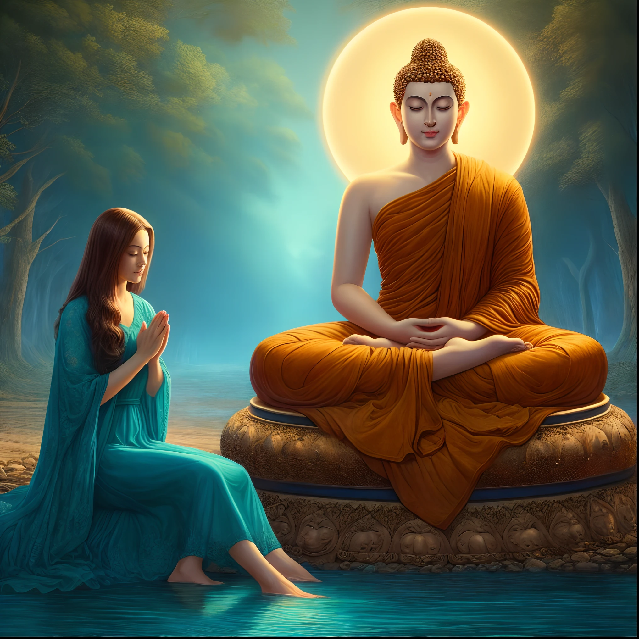 buddha sitting on a rock with a woman in a blue dress, buddhism ...