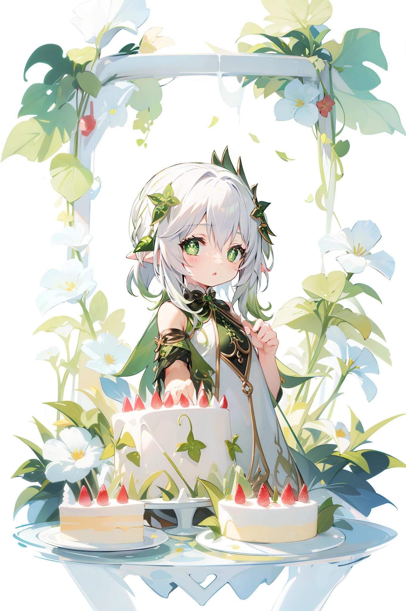 1 little girl solo, nahida_genshin, cross-shaped pupils, default_dress, white dress, white hair, green hair ornament, green cape, flower meadow, flowers, birthday cake,