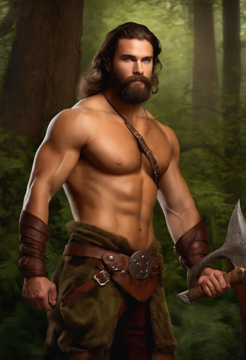 A shirtless man with a beard and a large axe - SeaArt AI