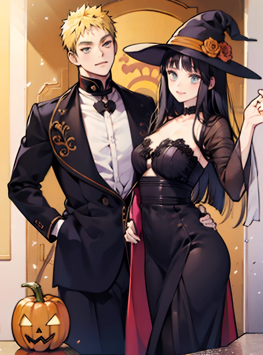 Anime couple dressed up in halloween costumes posing for a picture - SeaArt  AI