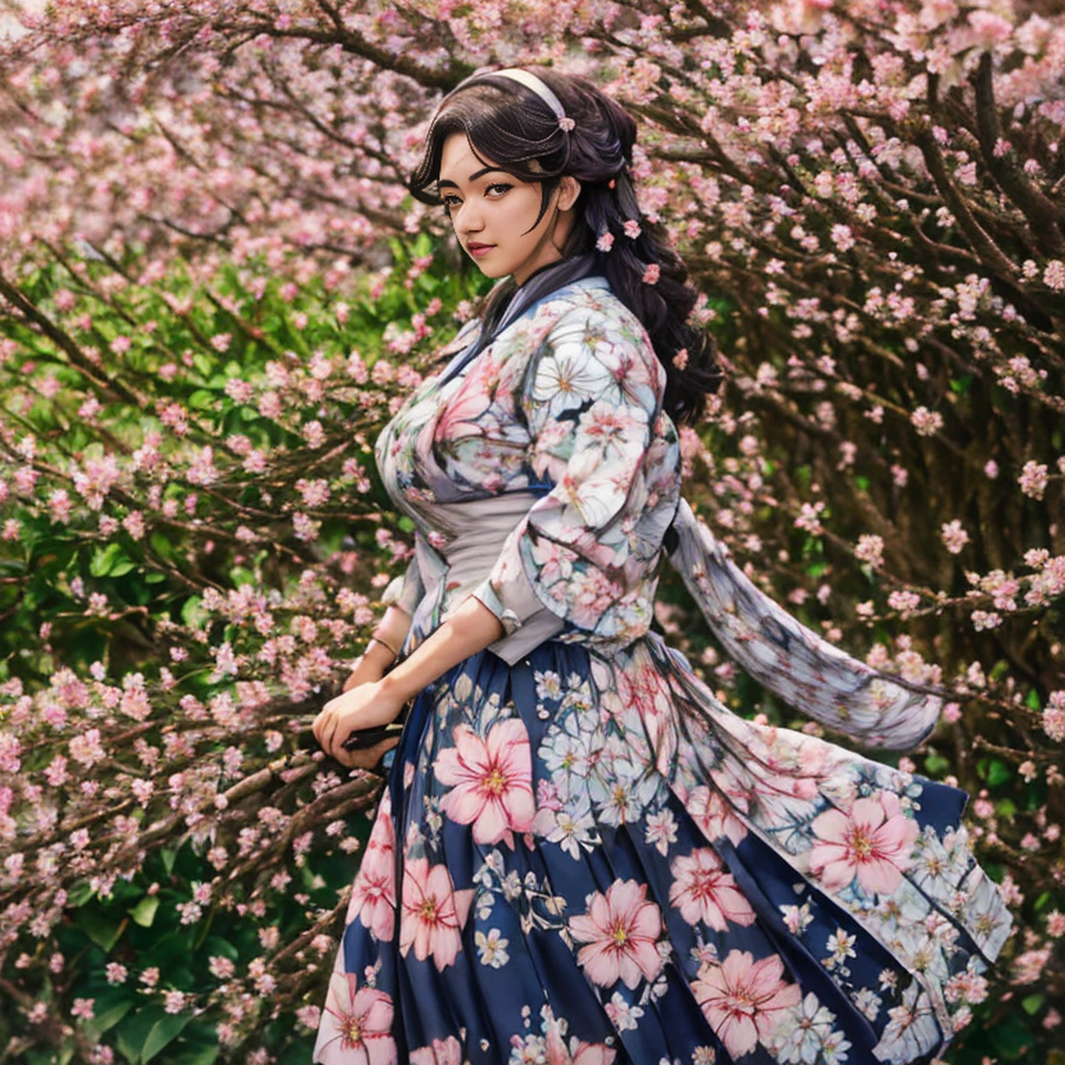 Impacto Genshin, Kamisato Ayaka Walking, sakura trees, cherry blossom flower, holding umbrella, Beautiful, Highly detailed scenery, fisherman