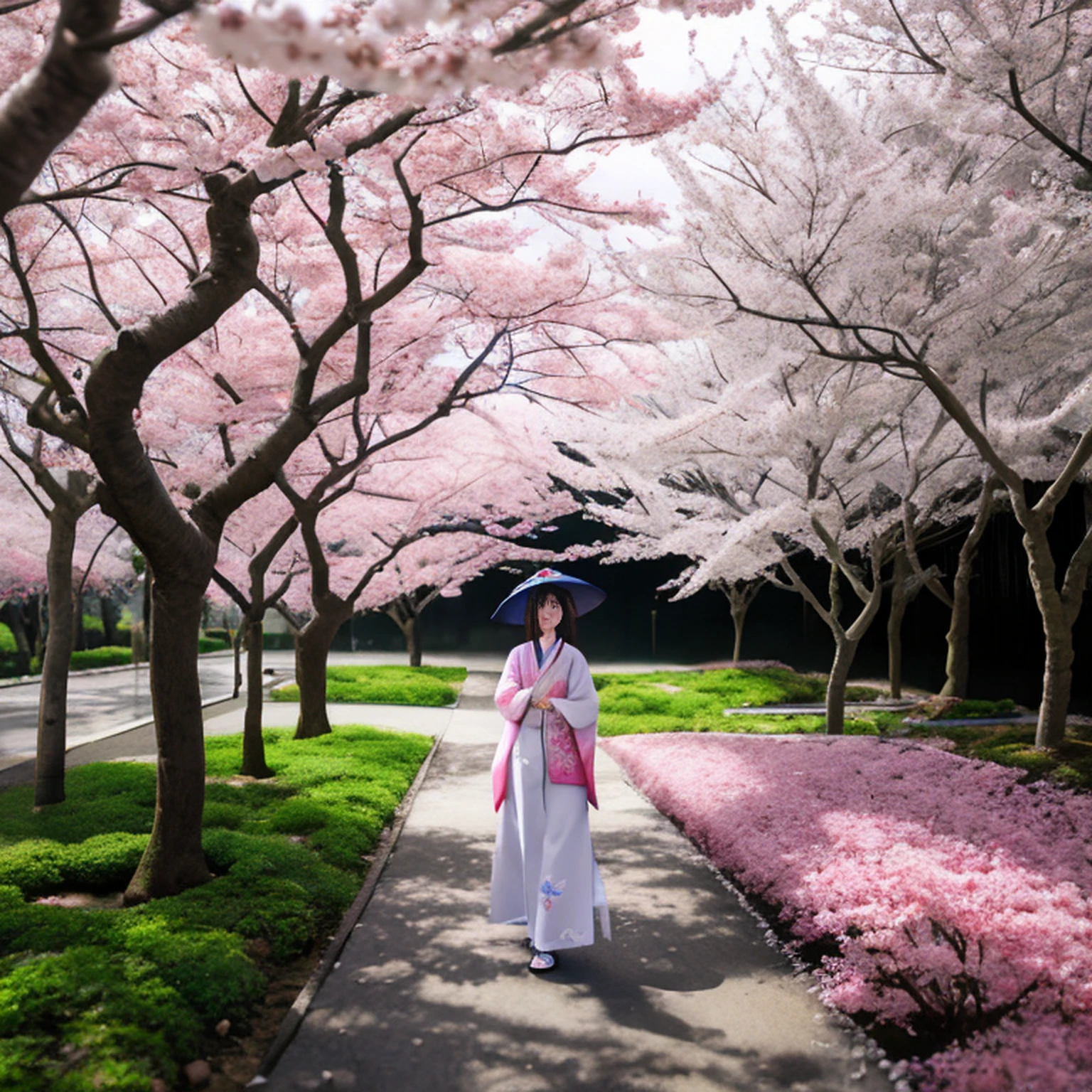 Genshin Impact, Kamisato Ayaka beim Gehen, Sakura-Bäume, Kirschblüte, Regenschirm haltend, Schön, Hochdetaillierte Szenerie, Fischer