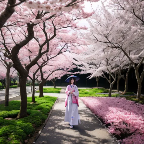 Impacto Genshin, Kamisato Ayaka Caminhando, sakura trees, flor de cerejeira, segurando guarda-chuva, Beautiful, Highly detailed ...