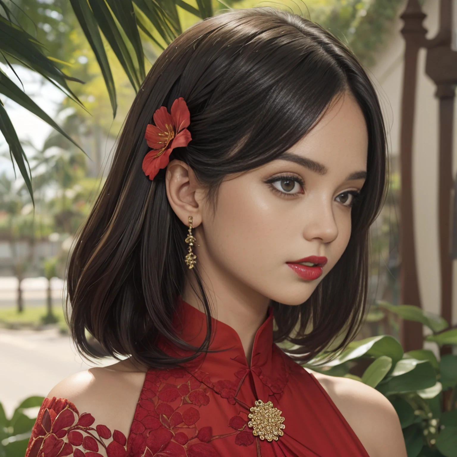 paint_styled, 1girl, standing alone, Looking at Viewer, blackquality hair, hair ornament, long sleeves, don, holding, eyes browns, jewelries, upperbody, flowers, aretes, Hair flower, wide sleeves, necklase, Petals, maquiaegg yolk, Pink, Chinese clothing, lipstick, black backdrop, flowers vermelha, egg yolk, segurando flowers, red lips