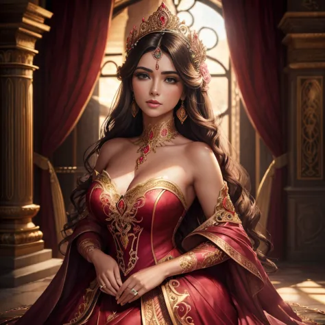 This artwork is in the realistic fantasy style set in the castle's rose garden. Generate a woman with a beautiful detailed face ...