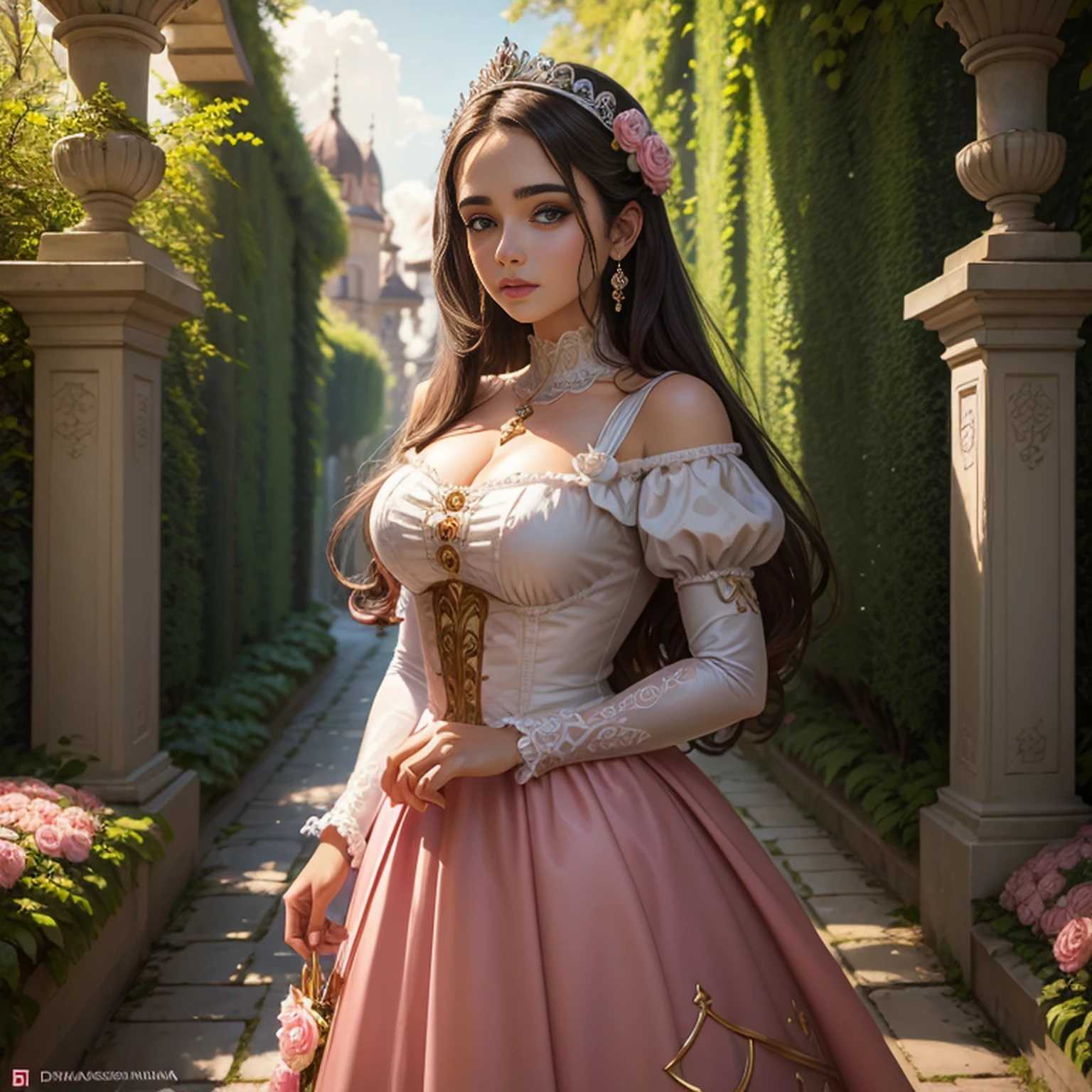 A princesa e os gansos, 1 Girl, plano de fundo jardim de rosas, rosas, alta qualidade, super detalhado, pintura realista.