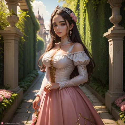 a princesa e os gansos, 1 girl, plano de fundo jardim de rosas, rosas, alta qualidade, super detalhado, pintura realista.