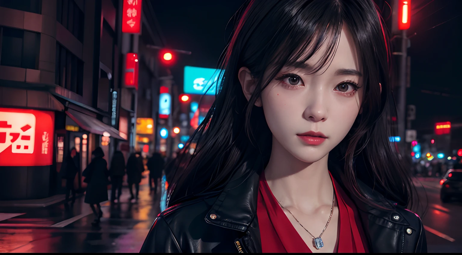 Tokyo at night. Woman walking alone in a neon-lit city. She wears a red dress and a black coat. Her face is full of loneliness and sadness.There is a woman wearing a necklace around her neck, soft portrait shot 8 k, 8K portrait rendering, photorealistic anime girl render, 8K highly detailed face, 3 d render character art 8 k, small character. unreal enginee 5, 3 d anime realistic, Trending on CGSTATION, 8 k cg render