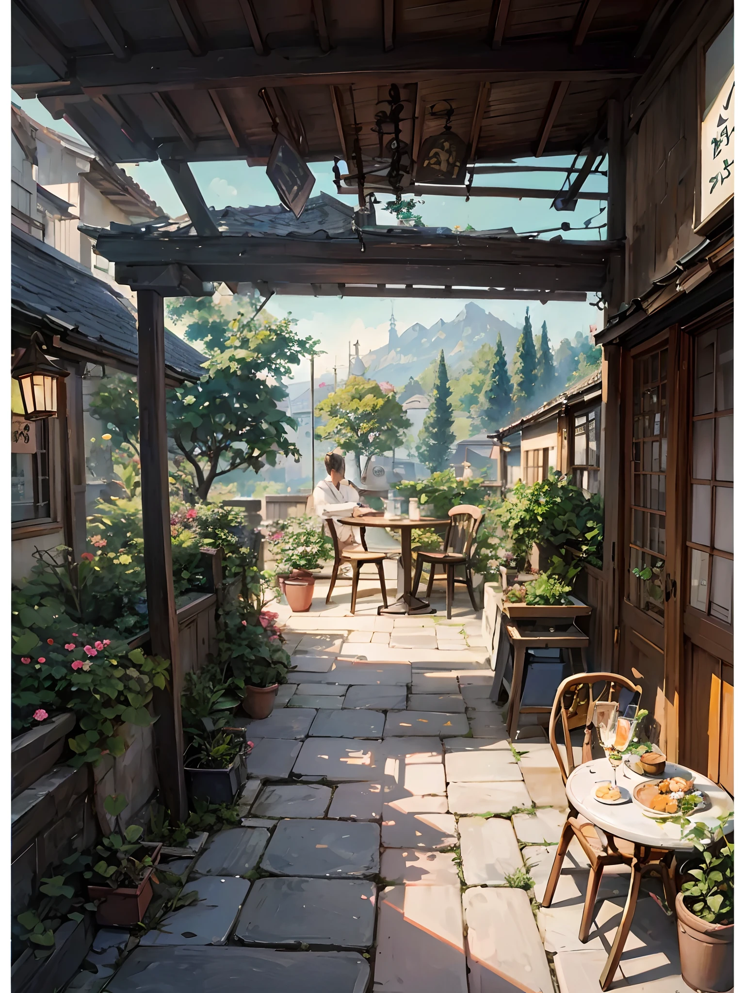 Es gibt ein Gartengemälde mit Tisch und Stühlen, gemütlicher Café-Hintergrund, detaillierte Szenerie, japanische straße, Sehr detaillierte Szene, Sommernachmittag, japanischer Kunststil, schöne detaillierte Szene, Hüttenkern, entspannende Konzeptkunst, gemütlicher häuslicher Hintergrund, Landschaftskunstwerk